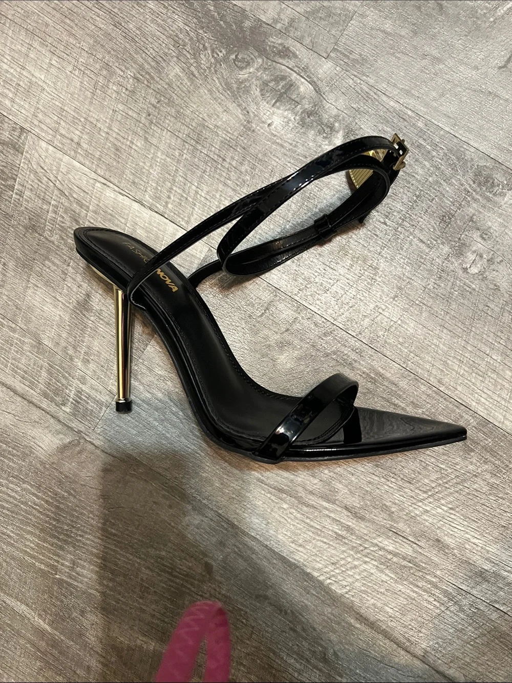 Fashion Nova Black Patent Pointed-Toe Strappy Heel with Gold Buckle